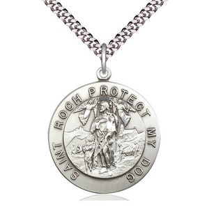 St Roch Sterling Silver Pendant on a 24 inch Light Rhodium Heavy Curb Chain.