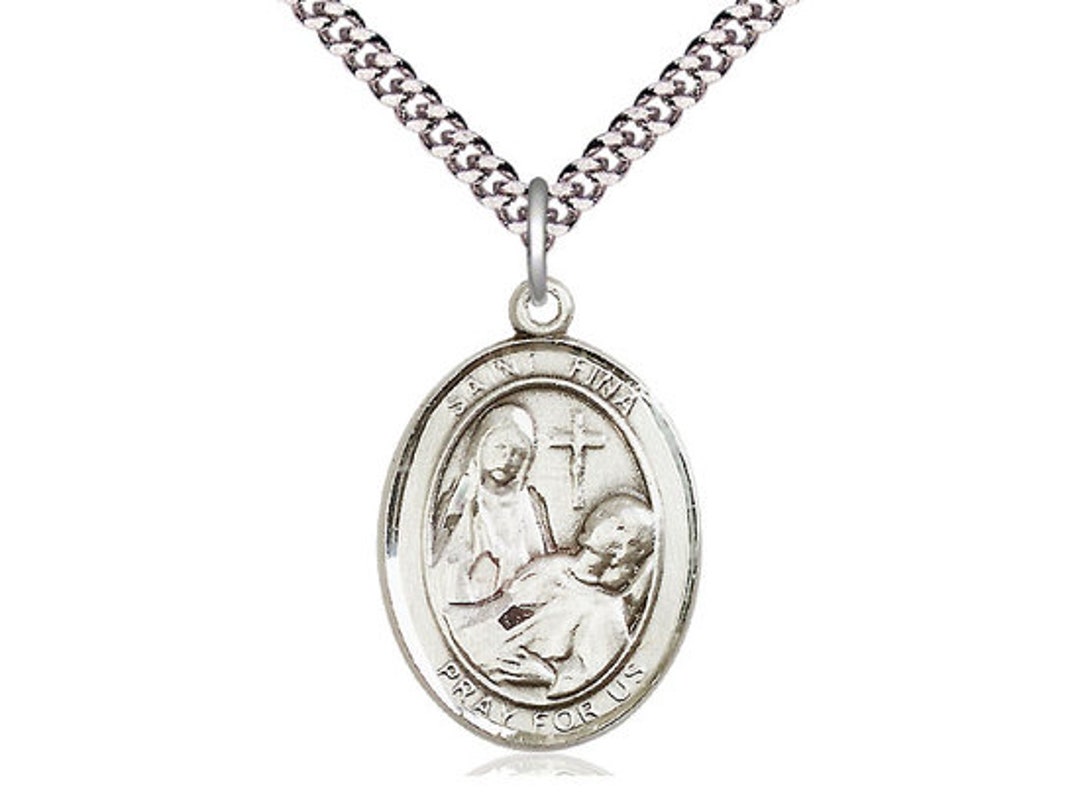 St Fina Sterling Silver Pendant on a 24 Inch Light Rhodium Heavy Curb ...