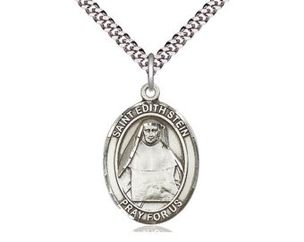 St Edith Stein Sterling Silver Pendant on a 24 inch Light Rhodium Heavy Curb Chain.