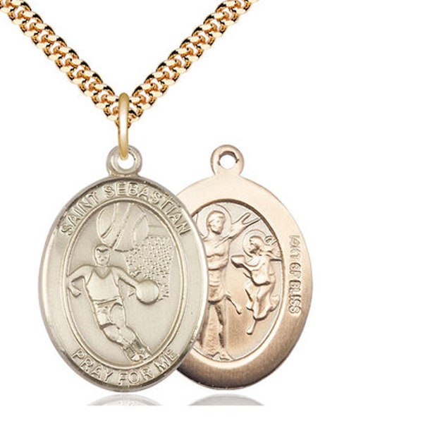 St Sebastian Basketball 14Kt Gold Filled Pendant on a 24 inch Gold Plate Heavy Curb Chain.