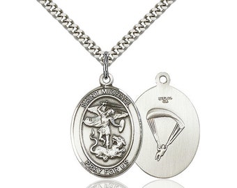 St Michael Paratrooper Sterling Silver Pendant on a 24 inch Light Rhodium Heavy Curb Chain.