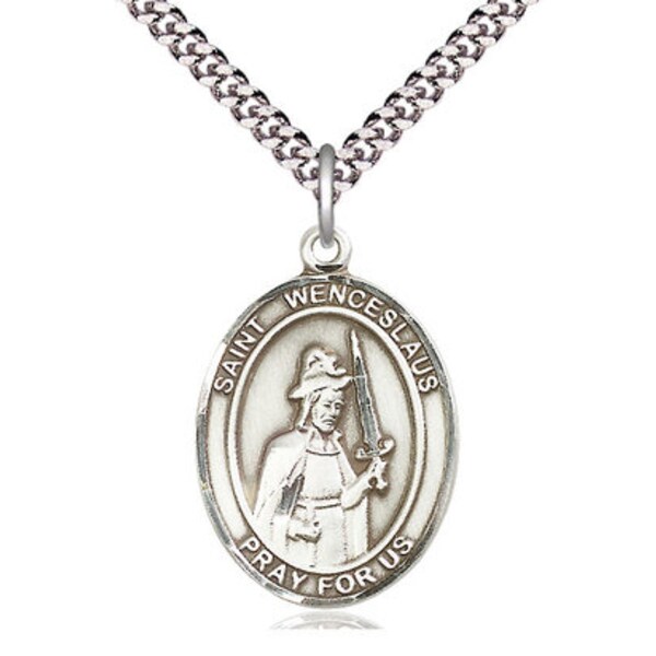 St Wenceslaus Sterling Silver Pendant  on a 24 inch Light Rhodium Heavy Curb Chain.