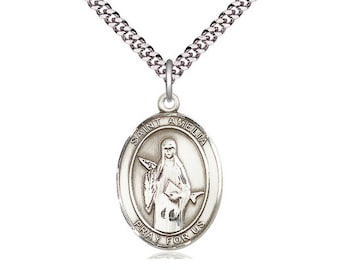 St Amelia Sterling Silver Pendant on a 24 inch Light Rhodium Heavy Curb Chain.