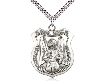 St. Michael the Archangel Sterling Silver Pendant on a 24 inch Light Rhodium Heavy Curb Chain.