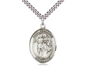 St Sebastian Sterling Silver Pendant  on a 24 inch Light Rhodium Heavy Curb Chain.