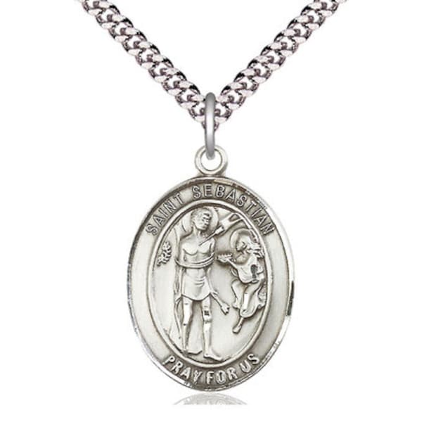 St Sebastian Sterling Silver Pendant  on a 24 inch Light Rhodium Heavy Curb Chain.