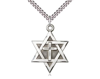 Star di David w / Cross Sterling Silver Pendant su una Light Rhodium Heavy Curb Chain da 24 pollici.