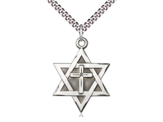Star of David w Cross Sterling Silver Pendant on a 24 inch Light Rhodium Heavy Curb Chain