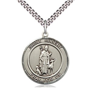 St Hubert of Liege Sterling Silver Pendant on a 24 inch Light Rhodium Heavy Curb Chain.