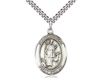 St Hubert of Liege  Sterling Silver Pendant on a 24 inch Light Rhodium Heavy Curb Chain.