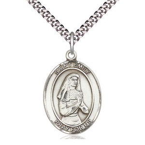 May include: Silver pendant necklace with a silver oval charm featuring a depiction of Saint Emily. The charm has the text "Saint Emily Pray For Us" around the image.