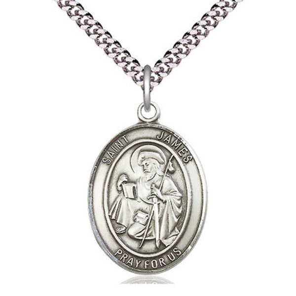 St James the Greater Sterling Silver Pendant on a 24 inch Light Rhodium Heavy Curb Chain.