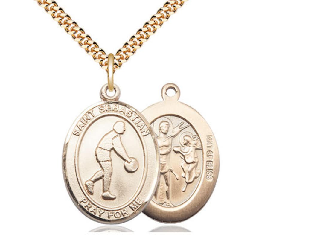 St Sebastian Basketball Pendant on a 24 Inch Gold Plated Heavy Curb ...