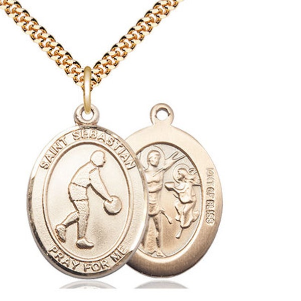 St Sebastian Basketball 14Kt Gold Filled Pendant on a 24 inch Gold Plate Heavy Curb Chain.