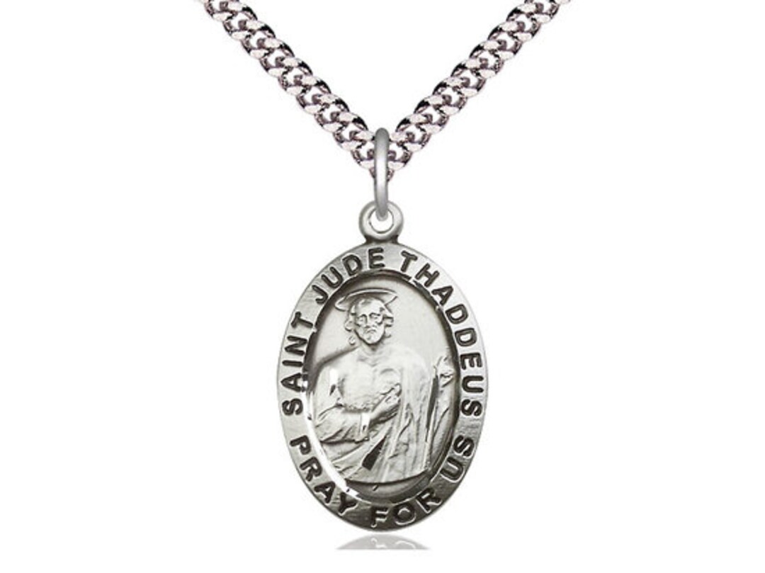St Jude Sterling Silver Pendant on a 24 Inch Light Rhodium Heavy Curb ...