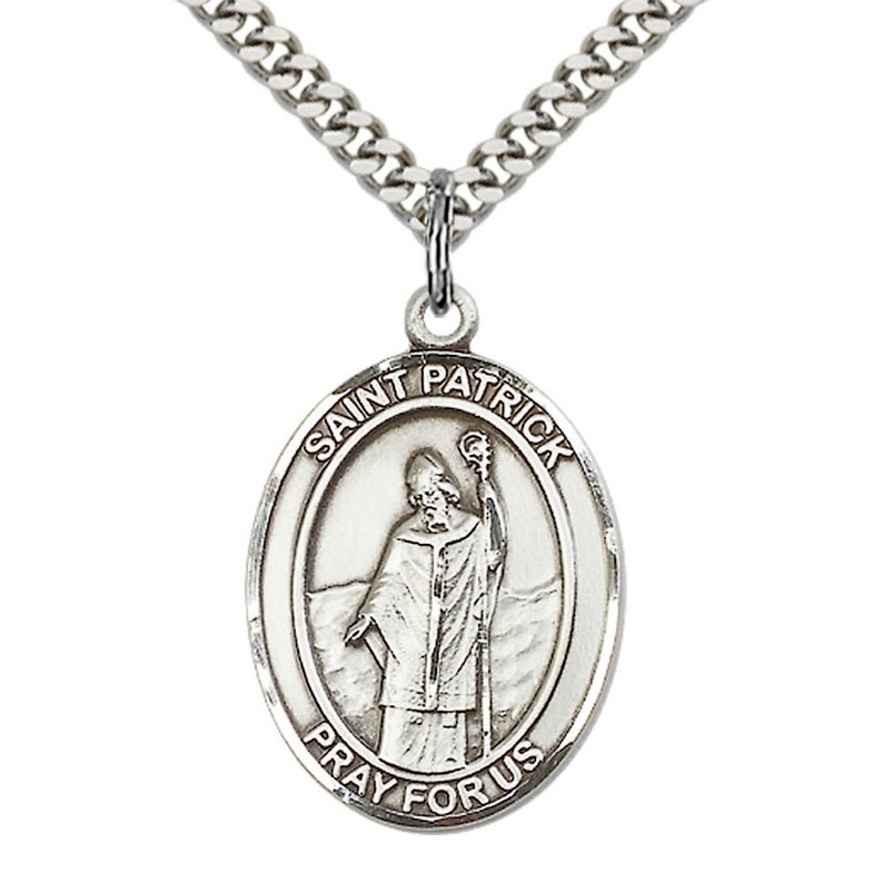 St Patrick Sterling Silver Pendant on a 24 Inch Light Rhodium Heavy ...