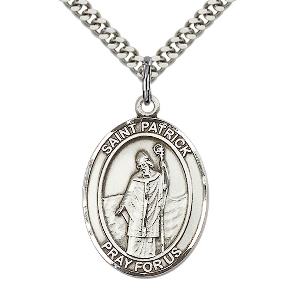 St Patrick Sterling Silver Pendant on a 24 Inch Light Rhodium Heavy ...