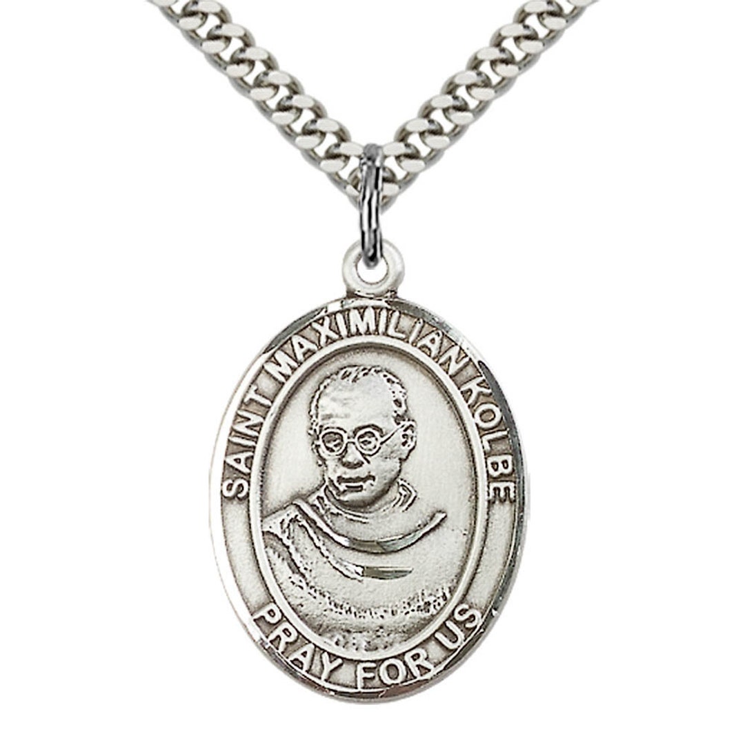 St Maximilian Kolbe Sterling Silver Pendant on a 24 Inch Light Rhodium ...