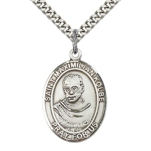 St Maximilian Kolbe Sterling Silver Pendant on a 24 inch Light Rhodium Heavy Curb Chain.