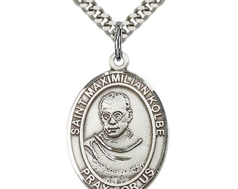 St Maximilian Kolbe Sterling Silver Pendant on a 24 inch Light Rhodium Heavy Curb Chain.