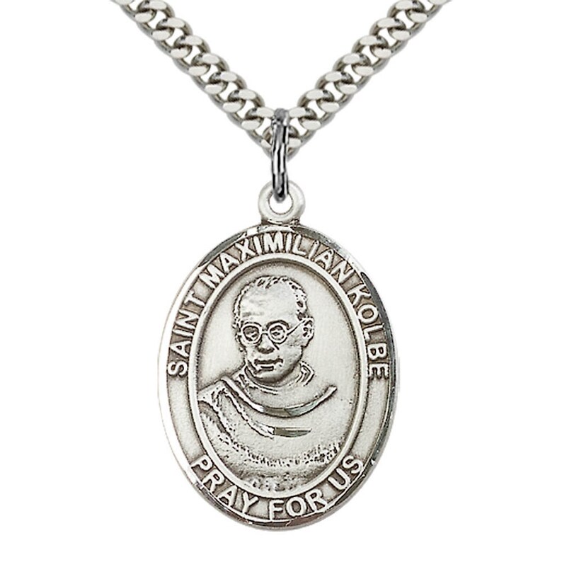 St Maximilian Kolbe Sterling Silver Pendant on a 24 inch Light Rhodium Heavy Curb Chain. image 1