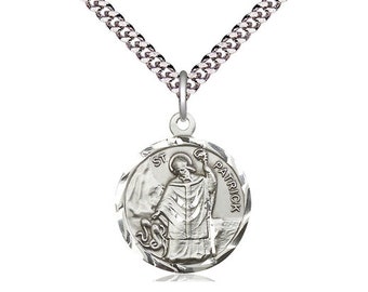St Patrick Sterling Silver Pendant on a 24 inch Light Rhodium Heavy Curb Chain.