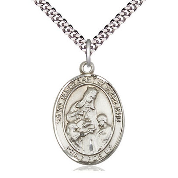 St Margaret of Scotland Sterling Silver Pendant on a 24 inch Light Rhodium Heavy Curb Chain.