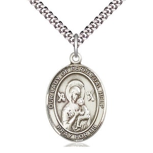 Our Lady of Perpetual Help Sterling Silver Pendant on a 24 inch Light Rhodium Heavy Curb Chain.