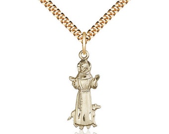 St Francis 14kt Gold Filled Pendant on a 24 inch Gold Plate Heavy Curb Chain.