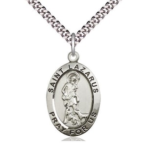 St Lazarus Sterling Silver Pendant on a 24 inch Light Rhodium Heavy Curb Chain.