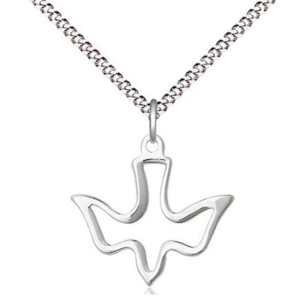 Sterling Silver Holy Spirit Pendant on a 18 inch Light Rhodium Light Curb Chain.