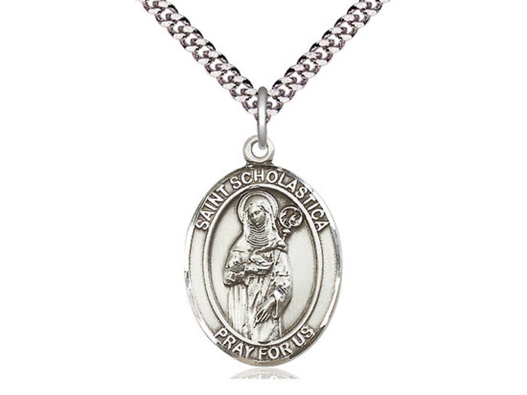 St Scholastica Sterling Silver Pendant on a 24 Inch Light Rhodium Heavy ...
