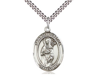 St Scholastica Sterling Silver Pendant on a 24 inch Light Rhodium Heavy Curb Chain.