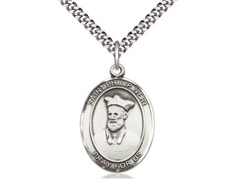 St Philip Neri Sterling Silver Pendant on a 24 inch Light Rhodium Heavy Curb Chain.