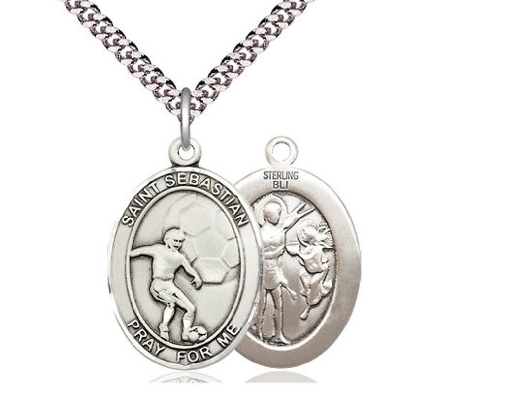 St Sebastian Soccer Sterling Silver Pendant on a 24 Inch Light Rhodium ...