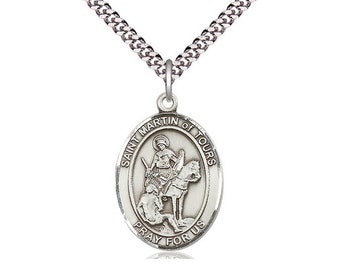 St Martin of Tours Sterling Silver Pendant on a 24 inch Light Rhodium Heavy Curb Chain.