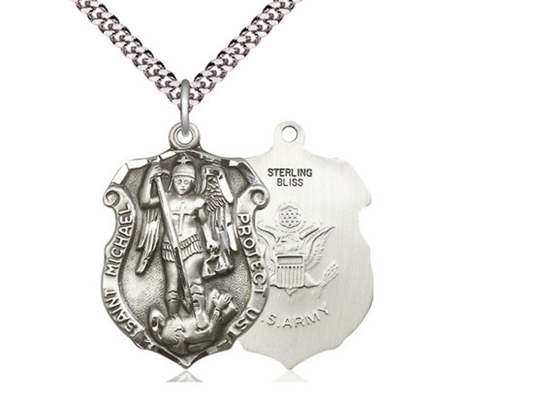 St Michael Army Sterling Silver Pendant on a 24 Inch Light Rhodium ...