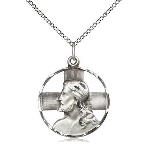 Sterling Silver Head of Christ Pendant on a 18 inch Sterling Silver Light Curb Chain.