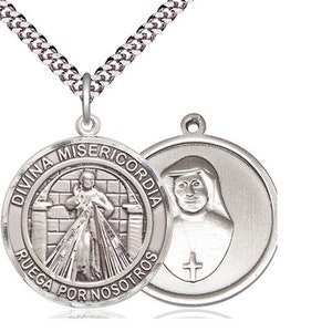 Divina Misericordia Sterling Silver Pendant on a 24 inch Light Rhodium Heavy Curb Chain.