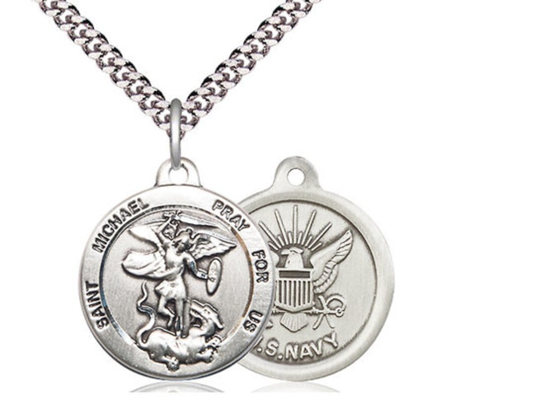 St Michael Navy Sterling Silver Pendant on a 24 Inch Light Rhodium ...