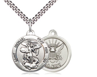 St Michael Navy Sterling Silver Pendant  on a 24 inch Light Rhodium Heavy Curb Chain.