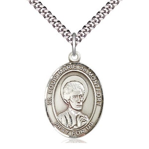 St Louis Marie de Montfort Sterling Silver Pendant on a 24 inch Light Rhodium Heavy Curb Chain.