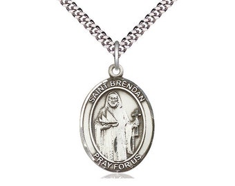 St Brendan the Navigator  Sterling Silver Pendant  on a 24 inch Light Rhodium Heavy Curb Chain.