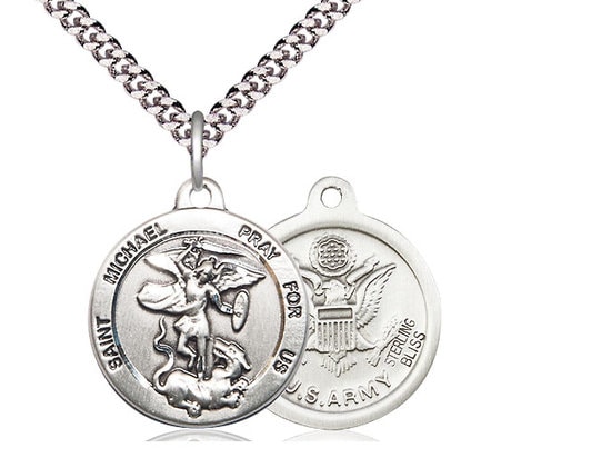 St Michael Army Sterling Silver Pendant on a 24 inch Light Rhodium Heavy Curb Chain
