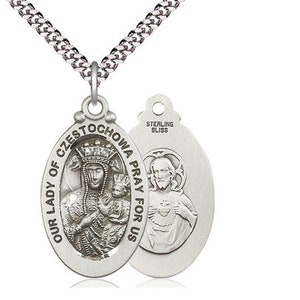 Our Lady of Czestochowa Sterling Silver Pendant on a 24 inch Light Rhodium Heavy Curb Chain.