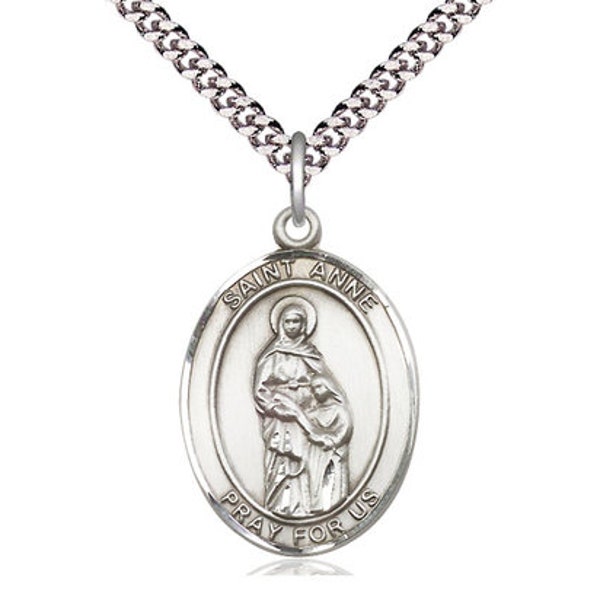 St Anne Sterling Silver on a 24 inch Light Rhodium Heavy Curb Chain.