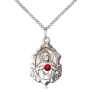 Sterling Silver Scapular Pendant with a 3mm Ruby Swarovski stone on a 18 inch Sterling Silver Light Curb Chain.
