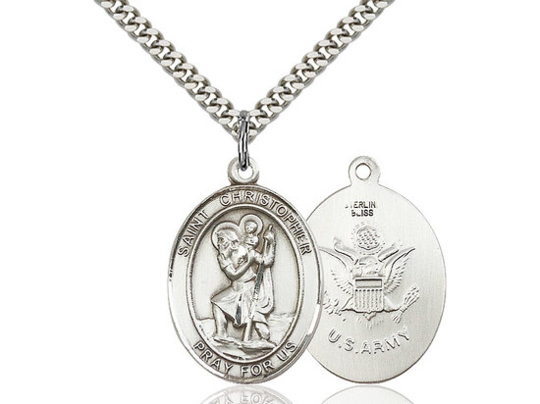 St Christopher Army Sterling Silver Pendant on a 24 Inch Light Rhodium ...