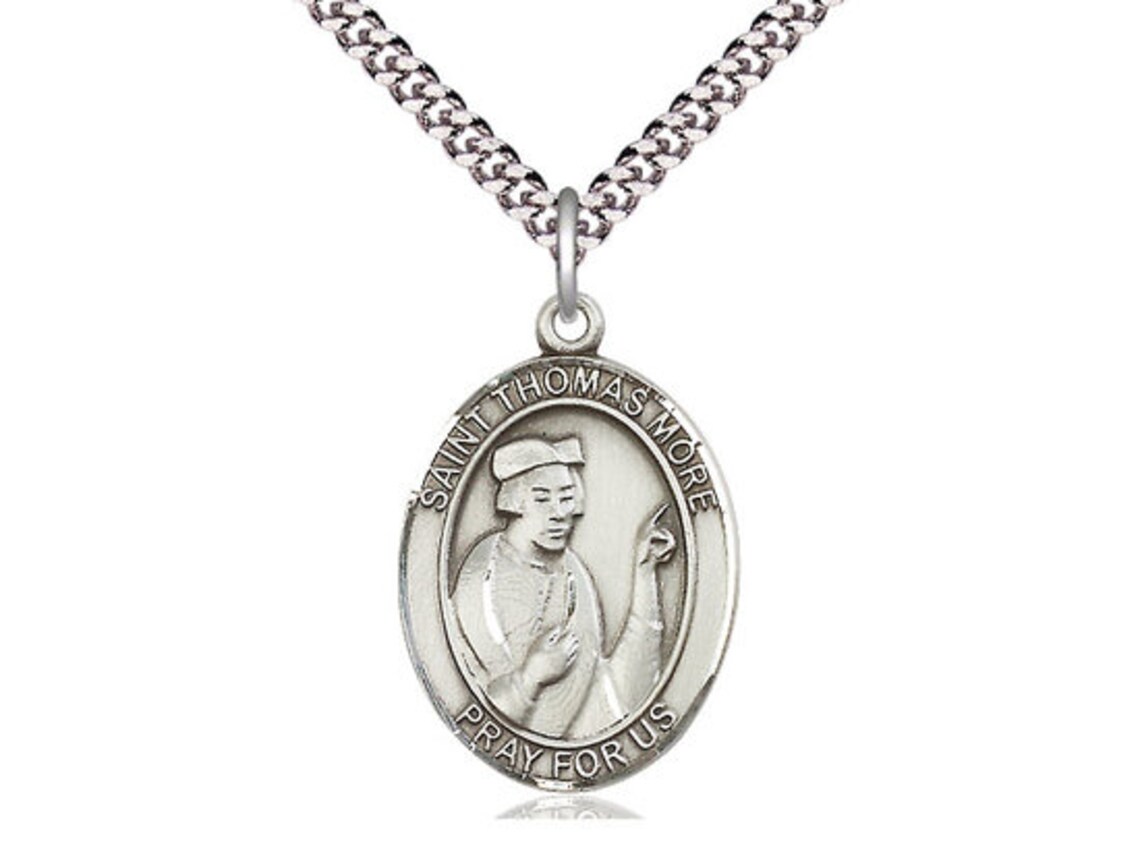 St Thomas More Sterling Silver Pendant on a 24 Inch Light Rhodium Heavy ...