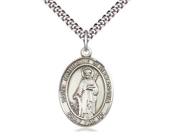 St Catherine of Alexandria Sterling Silver  Pendant on a 24 inch Light Rhodium Heavy Curb Chain.